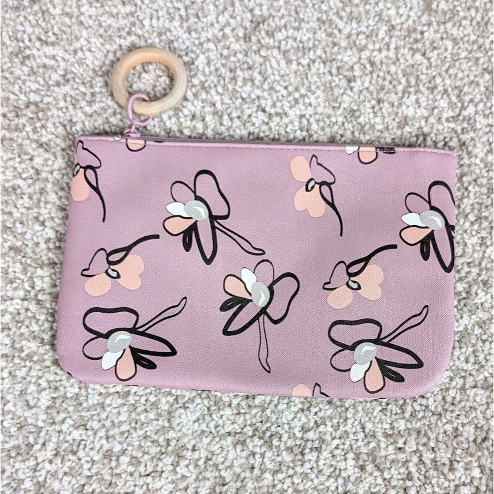 IPSY Lavender Floral Makeup Bag Pouch Cosmetic Zipper Bag Wooden Ring Charm